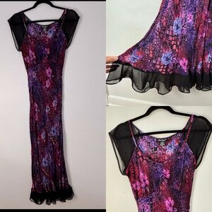 HERSTYLE Purple Black Asian Floral Print Maxi Dress S Y2K Fairy Whimsi Babydoll